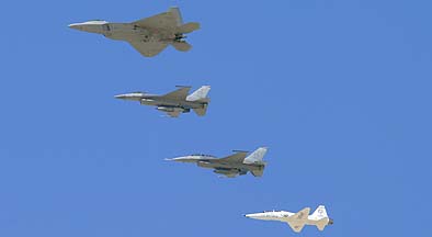 Lockheed-Martin F-22A Block 30 Raptor 06-4111, General Dynamics F-16C Block 30B 85-1547, F-16D Block 40K 90-0797, Northrop T-38A-85 Talon 70-1559